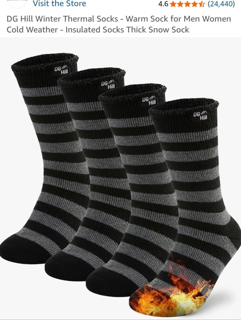 DG Hill 2 Pack/Pairs Thermal Winter/Snow Crew Socks - Black & Gray Stripe Unisex